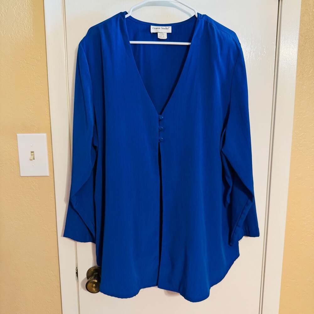 Graver Studio Women’s 1X Cobalt Blue Tunic Blouse V-Neck 3 Button Long Sleeve